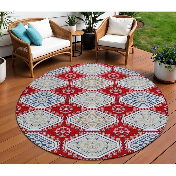 Homeroots 8' Red And Navy Blue Round Floral Washable Indoor Outdoor Area Rug 610771 - main