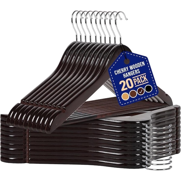 Lifemaster Wooden Hanger Set, Non-Slip, 360 Deg Swivel Hook, Space-Saving, Cherry, 20PK LMWD20CRY - main