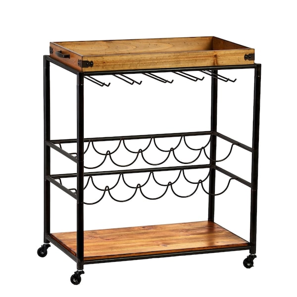 Homeroots Brown and Black Metal And Solid Wood Rolling Bar Cart With Wine Storage 402564 - main