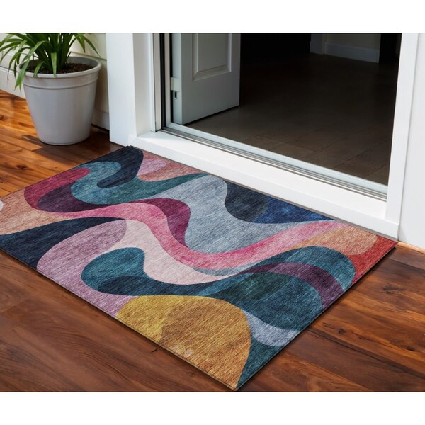 Homeroots 3' X 5' Green Pink And Teal Blue Abstract Washable Indoor Outdoor Area Rug 604456 - main