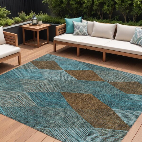 Homeroots 9' X 12' Teal Blue Aqua And Brown Argyle Washable Indoor Outdoor Area Rug 613739 - main