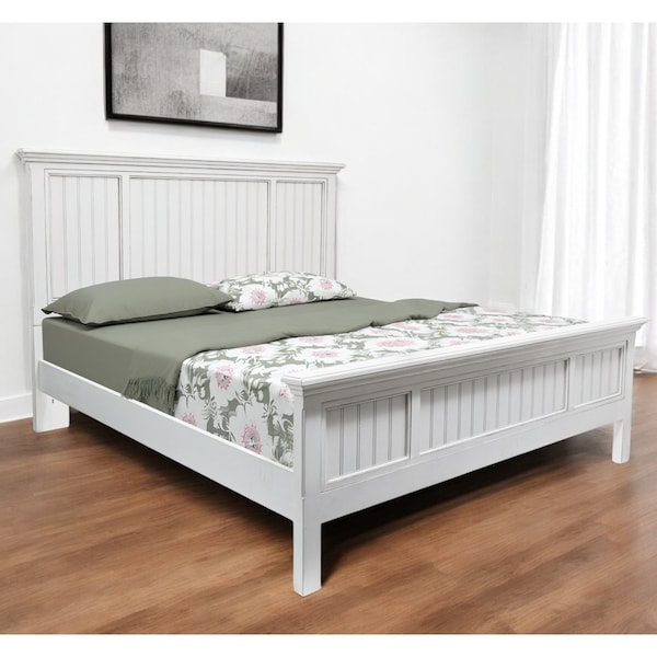 Homeroots White Carved Geometric Distressed Solid Wood Queen Bed Frame 571383 - main
