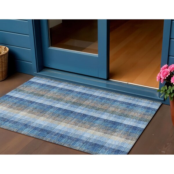 Homeroots 3' X 5' Denim Blue Sky Blue And Beige Plaid Washable Indoor Outdoor Area Rug 613963 - main