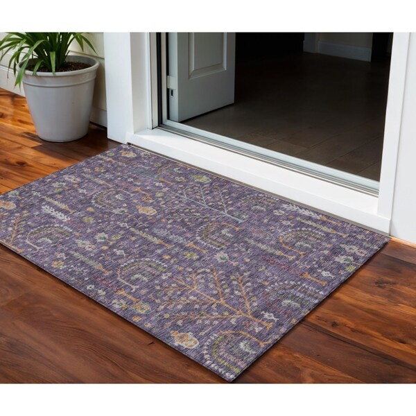 Homeroots 3' X 5' Eggplant Terra Cotta And Green Floral Washable Indoor Outdoor Area Rug 605265 - main