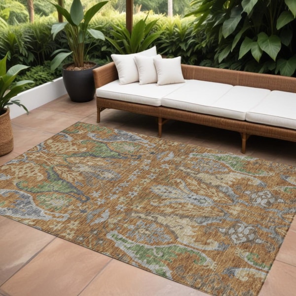 Homeroots 9' X 12' Copper Green And Beige Floral Washable Indoor Outdoor Area Rug 605281 - main