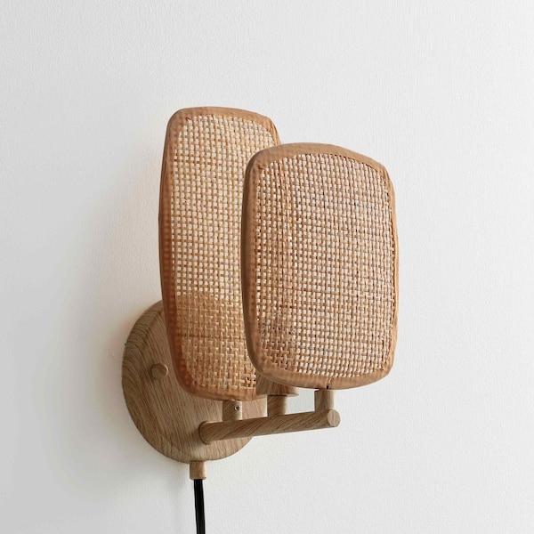 Vidalite Amud Bamboo Wicker Wall Sconce with Natural Wood Finish, Stitched Velvet Detailing, Plug-In CE1009081 - main