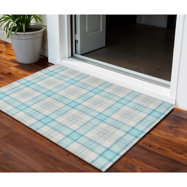 Homeroots 3' X 5' Aqua And Gray Plaid Washable Indoor Outdoor Area Rug 601314 - main