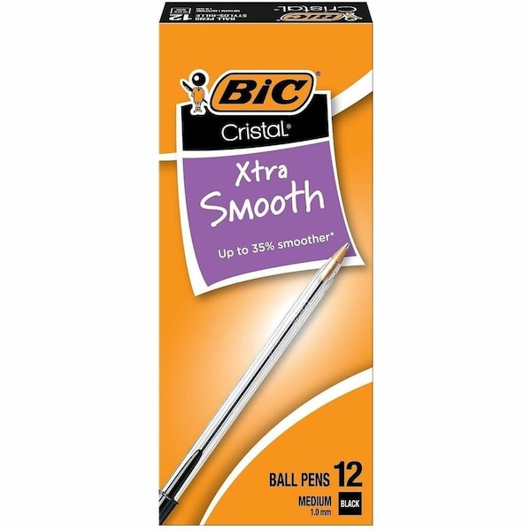 Bic Cristal Ballpoint Stick Pen, Medium, Clear Barrel, Black Ink, Dozen MS11BK - main