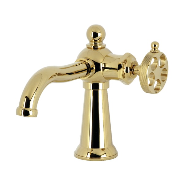 Kingston Brass One-Handle Single-Hole Bathroom Faucet with Knurled Handle and Push Pop-Up Drain, Polished Brass KS3542RKZ - main