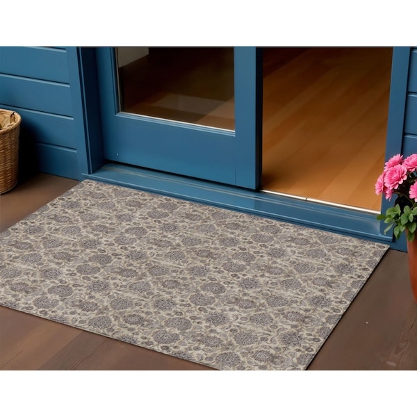 Homeroots 3' X 5' Ivory Taupe And Beige Floral Washable Indoor Outdoor Area Rug 582278 - main