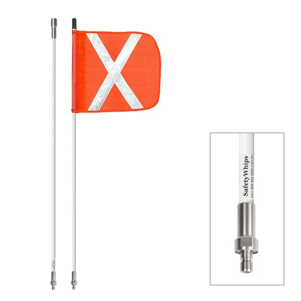 Safetywhips Warning Whip Heavy Duty Whip with Flag, White Whip, Orange Flag, White Reflective X, 96 Length SW08QDNP2-SXW - main