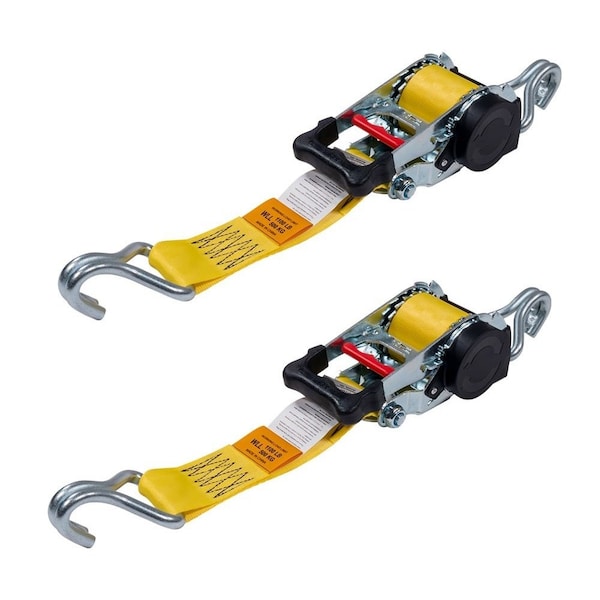 Mytee Products 2in x 10ft Yellow Retractable Ratchet Straps with Double J-Hook - 1,100 lbs WLL, 2PK RS210R-WHx2 - main