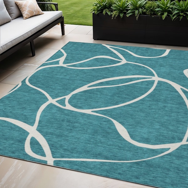 Homeroots 5' X 8' Teal Blue And Ivory Abstract Washable Indoor Outdoor Area Rug 597524 - main