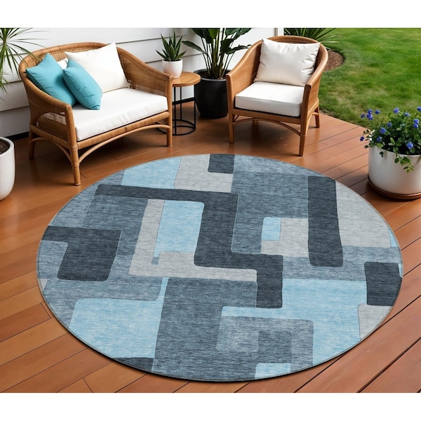 Homeroots 8' Sky Blue Denim Blue And Gray Round Geometric Washable Indoor Outdoor Area Rug 613237 - main