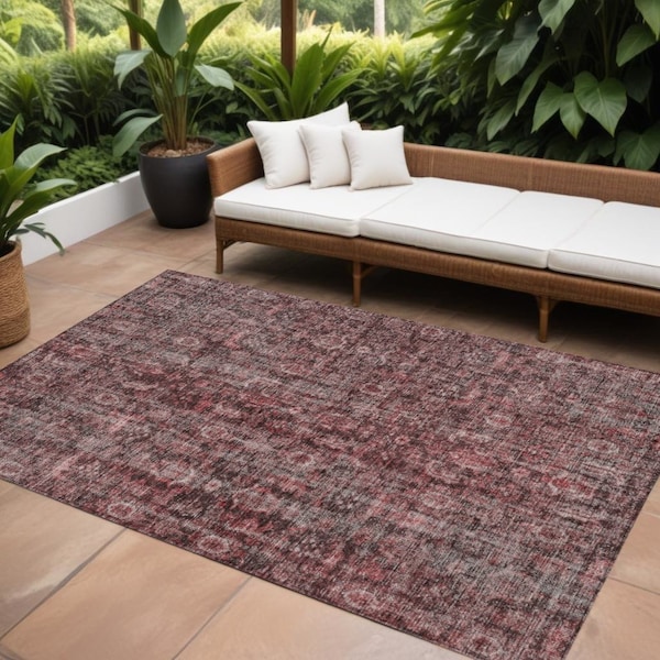 Homeroots 8' X 10' Pink And Brick Red Damask Washable Indoor Outdoor Area Rug 605100 - main