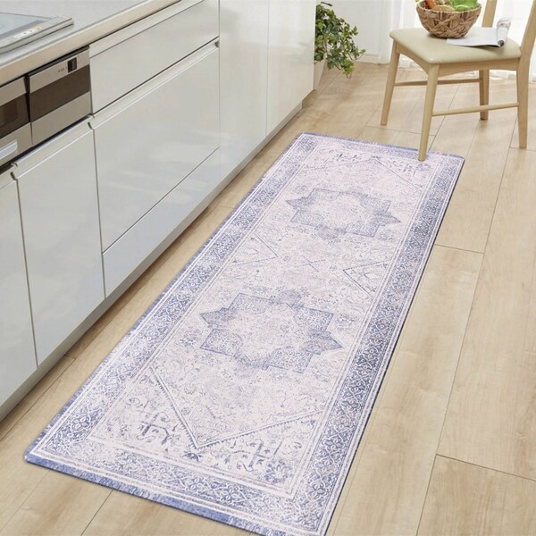 World Rug Gallery Traditional Bohemian Cushioned Anti Fatigue Standing Kitchen Mat 18 ft x 47 ft Blue WR14BLUE18X47 - main