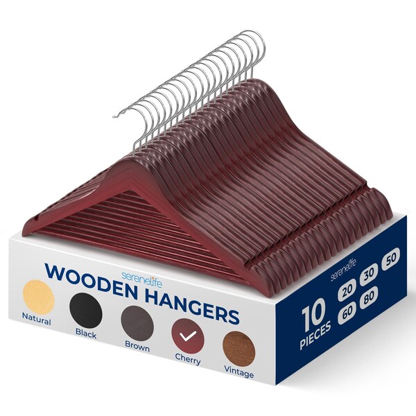 Serenelife Wooden Coat Hangers, Durable Suit Hangers, 360 Deg Swivel Hook and Notches, Slim Design, Cherry, 10PK SLHWDCHRY10 - main