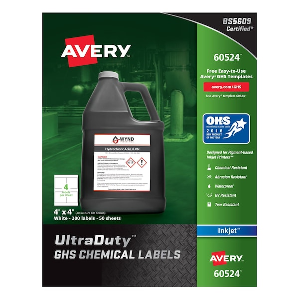 Avery 4" x 4" GHS Chemical Labels for Inkjet Printers 200 labels/50-sheets 7278260524 - main