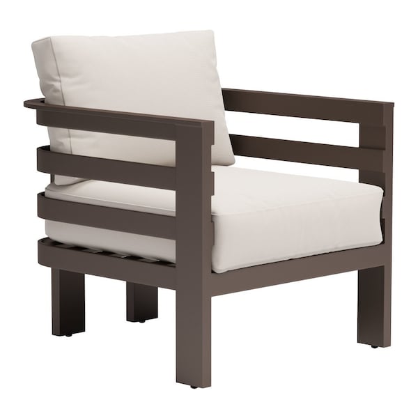Homeroots 30" Brown Aluminum Outdoor Arm Chair with White Cushion 668767 - main