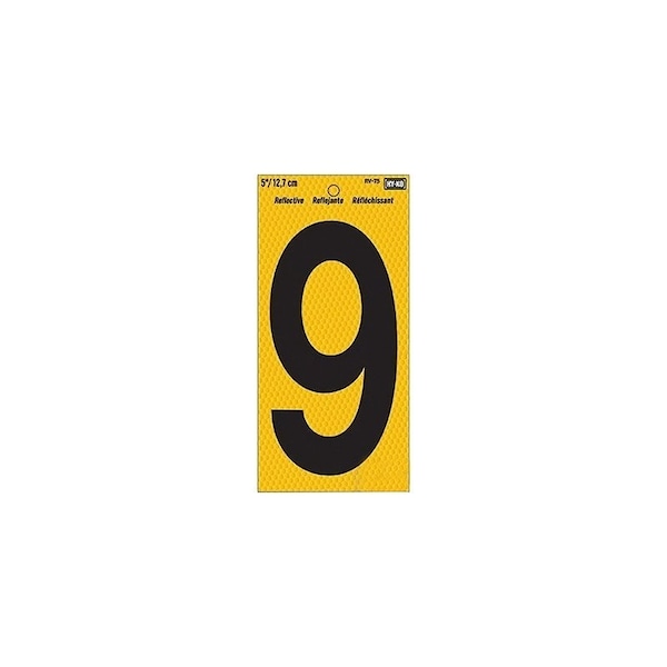 Hy-Ko Reflective Sign, Character: 9, 5 in H Character, Black Character, Yellow Background, Vinyl RV-75/9 - main