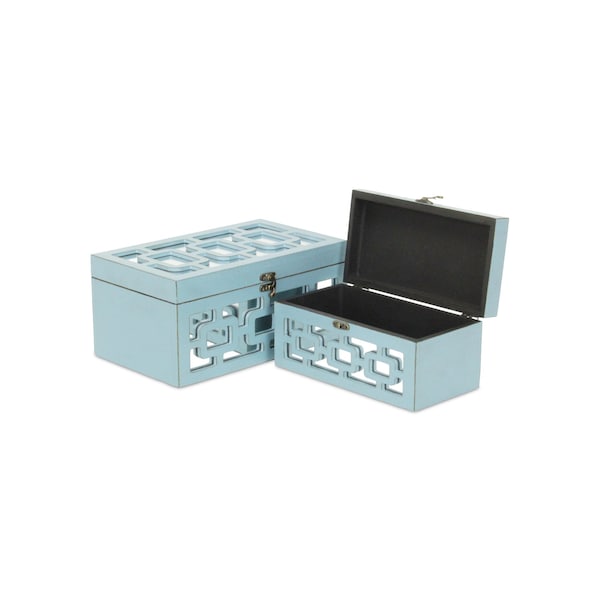 Homeroots Set of Two Blue And White Wood And Mirrored Glass Box With Lid, 2PK 489376 - main
