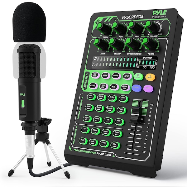 Pyle Portable Bluetooth Live Broadcast Sound Card Pro Audio Interface DJ mixer Condenser w/Microphone PKSCRD308 - main