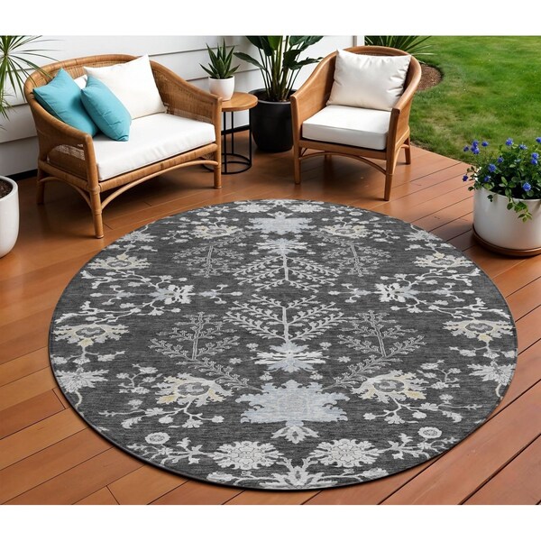 Homeroots 8' Charcoal Gray And Beige Round Floral Washable Indoor Outdoor Area Rug 605463 - main