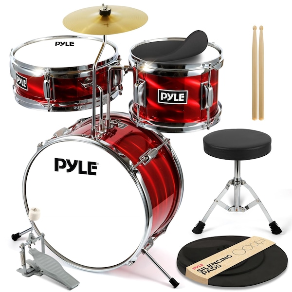 Pyle PyleKids Drum Set, 3 Piece Beginner Junior Kit with Bass Drum, Snare, Tom, Cymbal, Adjustable Throne PDRMKIT72RD - main