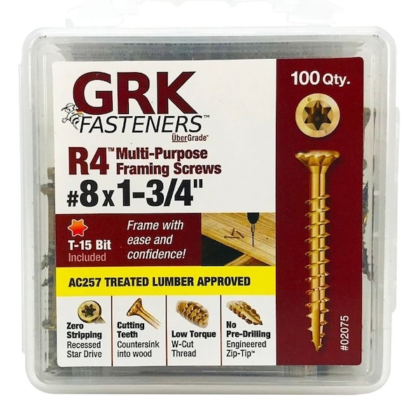 Grk Fasteners R4 Framing and Decking Screw, No 8 Thread, 1-3/4 in L, Star Drive, Steel, 100 PK 02075 - main