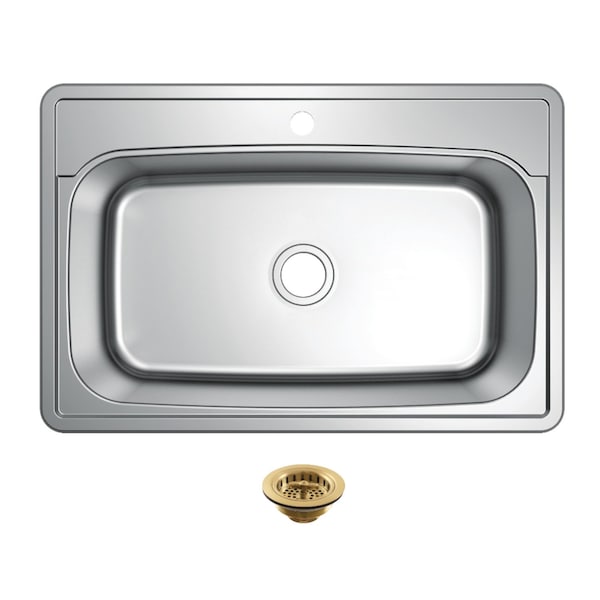 Kingston Brass 33-Inch Stainless Steel Self-Rimming Single Bowl Drop-In Kitchen Sink, 1-Hole with Strainer KGKTS33229017 - main