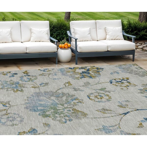 Homeroots 10' X 14' Taupe Navy Blue And Denim Blue Floral Washable Indoor Outdoor Area Rug 589511 - main