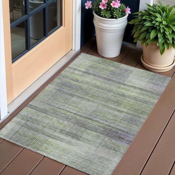 Homeroots 3' X 5' Artichoke Green Purple And Fern Green Striped Washable Indoor Outdoor Area Rug 588040 - main
