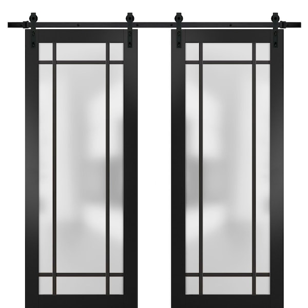 Sartodoors Sturdy Double Barn Door with Frosted Glass Planum 2112 Black 36x84 (2* 18x84) Solid Core PLANUM2112DB-BLK-36 x 84 (2* 18x84) - main