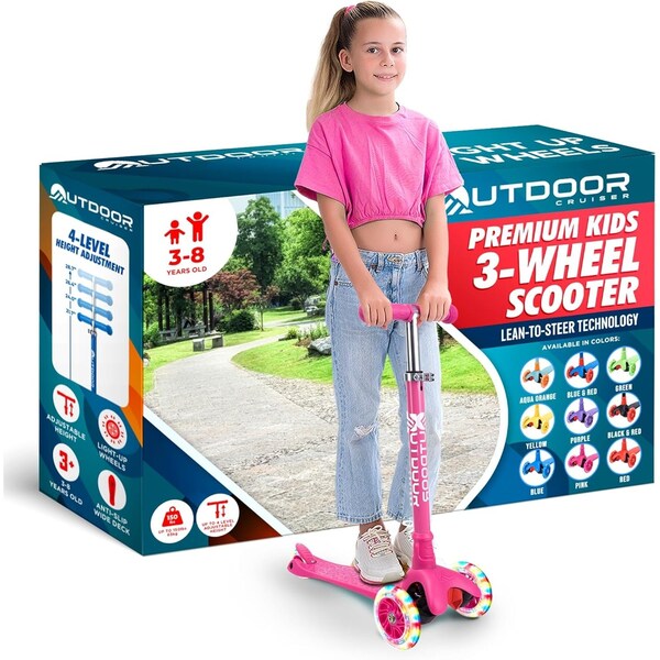 Outdoorcruiser Outdoor Cruiser 3-Wheel Kids Scooter, Lean-to-Steer, LED Wheels, Adjustable T-Bar, Pink. OCKSPINK - main
