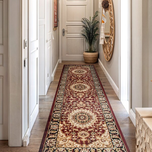 World Rug Gallery Traditional Oriental Medallion Design Runner Rug 2 ft 7 in x 12 ft Burgundy 101BURGUNDY27X12 - main