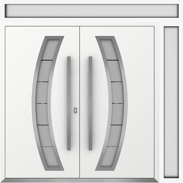 Vdomdoors Metal Double Doors Deux 6500 White Enamel Frosted Glass 1 Sidelight and Top Transom Entry Modern Pa DEUX6500DEXD-BEM-W72+12xH80+12-RH-O - main