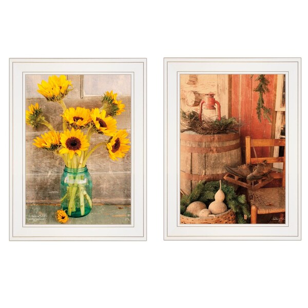 Homeroots Set Of Two Vintage Country and Sunflowers 1 White Framed Print Wall Art, 2PK 406037 - main