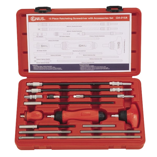 Genius Tools 15 Pc. 1/4in Hex Ratcheting Screwdrivers with Accessories GA-015A - main