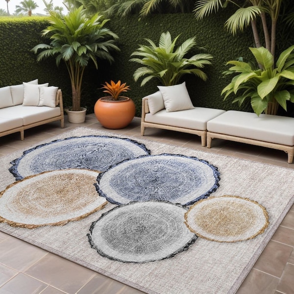 Homeroots 8' X 10' Beige Blue and Gold Faux Bois Washable Non Skid Indoor Outdoor Area Rug 564398 - main