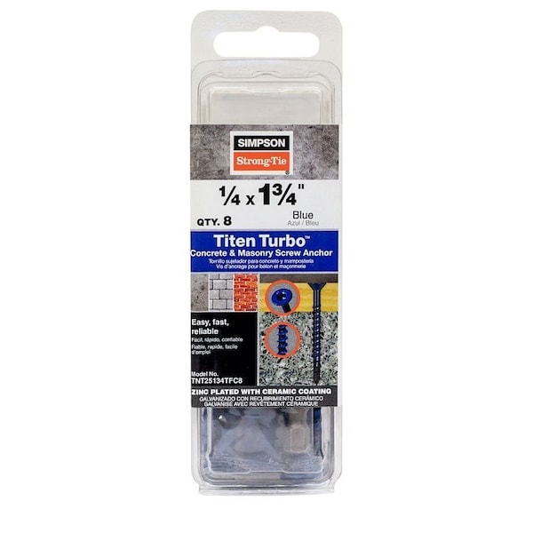 Simpson Strong-Tie Titen Turbo Screw Anchor, 1/4 in Dia, 1-3/4 in L, Carbon Steel, Ceramic-Coated/Zinc TNT25134TFC8 - main