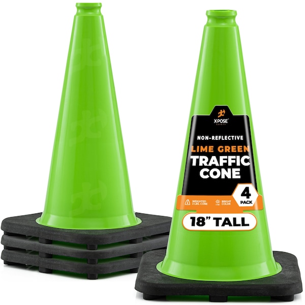 Xpose Safety Traffic Safety Cone, 18 in, Premium PVC, No Collar, Lime Green, 4 pk LTC18-4-X-S - main