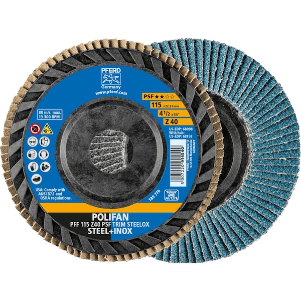 Pferd 4-1/2'' x 7/8'' A.H. POLIFAN Flap Disc - Z PSF TRIM STEELOX, Zirconia, 40 Grit, Flat 68098 - main