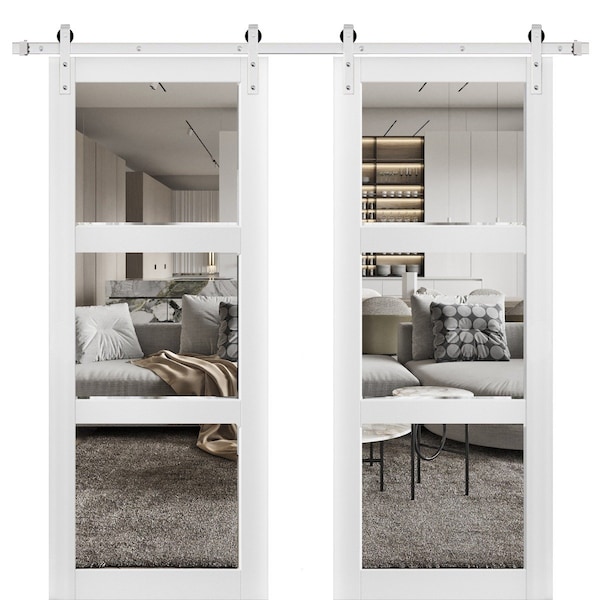 Sartodoors Sturdy Double Barn Door with 3 Lites Clear Glass, Lucia 2555 White Silk, 13FT Rail Hangers Heavy S LUCIA2555DB-S-WS-64 - main