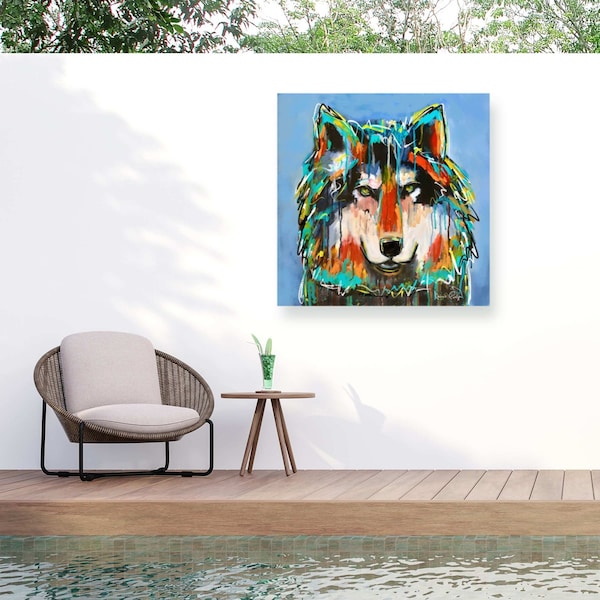 Trademark Fine Art Outdoor Canvas Art Karrie Evenson 'Rainbow Wolf' Wall Art for Patios, or Gardens GRL00694-OC2424WR - main
