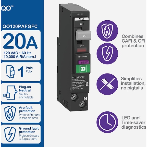 Square D QO 20A Single-Pole Dual Function Circuit Breaker QO120PAFGFC - main