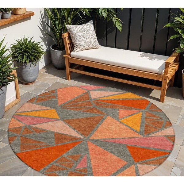 Homeroots 8' Rust Gray And Pink Round Geometric Washable Indoor Outdoor Area Rug 600392 - main