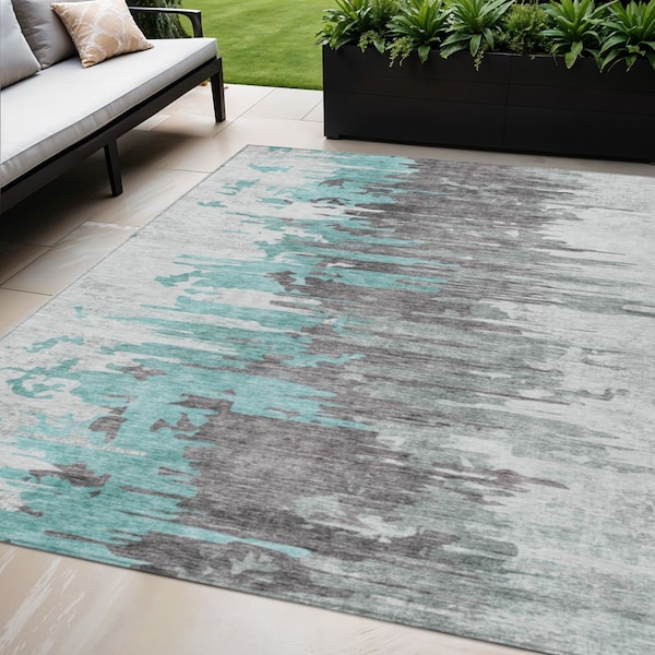 Homeroots 5' X 8' Teal Blue Charcoal And Silver Abstract Washable Indoor Outdoor Area Rug 582411 - main