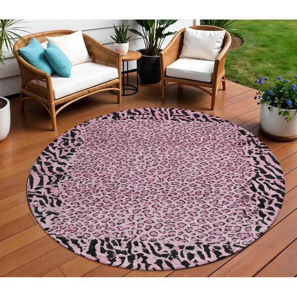 Homeroots 8' Pink Round Animal Print Washable Indoor Outdoor Area Rug 607658 - main
