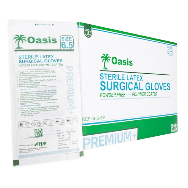 Oasis Sterile Disposable Latex Surgical Gloves, Powder-Free and Sterile, Size 6.5, 50 pairs per pack AHS-6.5 - main