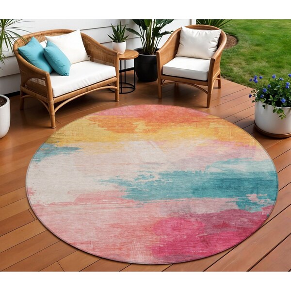 Homeroots 8' Pink Gold And Teal Blue Round Abstract Washable Indoor Outdoor Area Rug 611278 - main